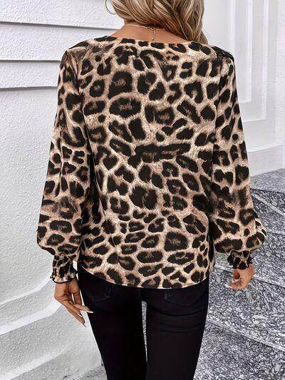 Women's Leopard Print V-Neck Lantern Sleeve Blouse – Trendy Fashion Top