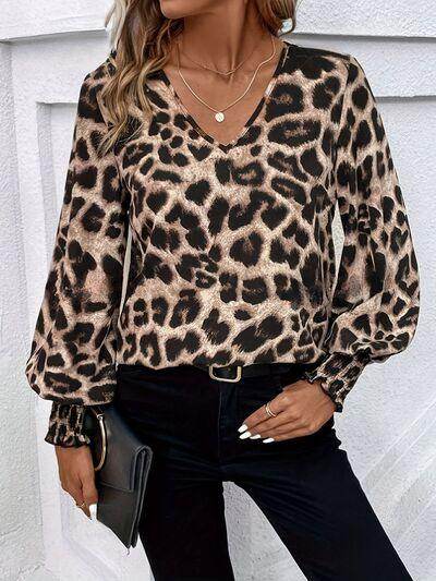 Women's Leopard Print V-Neck Lantern Sleeve Blouse – Trendy Fashion Top