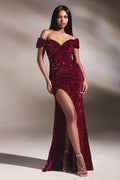 Red Off-Shoulder Sequin Slit Gown – Sweetheart Neckline Formal Dress for Prom & Galas