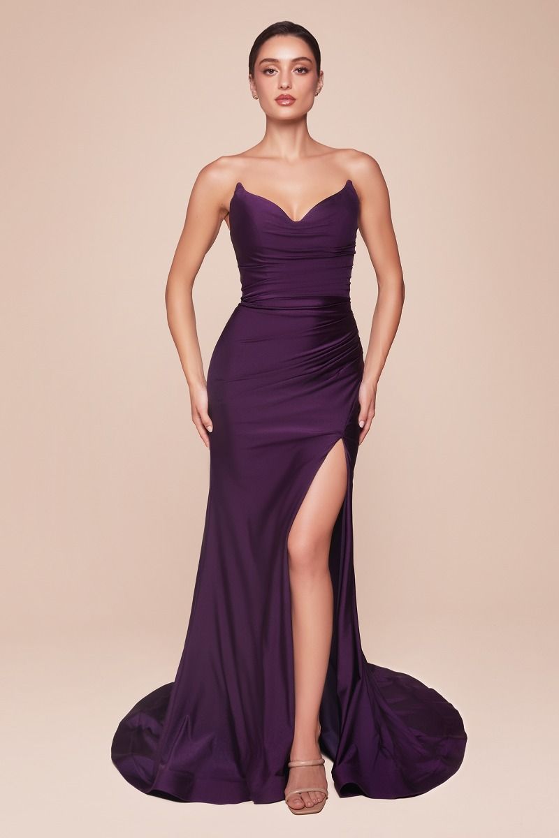 Strapless Stretch Satin Fitted Evening Gown – Elegant Formal Dress for Prom & Black Tie Events