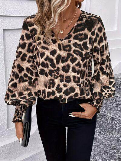 Women's Leopard Print V-Neck Lantern Sleeve Blouse – Trendy Fashion Top