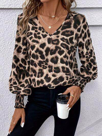 Women's Leopard Print V-Neck Lantern Sleeve Blouse – Trendy Fashion Top