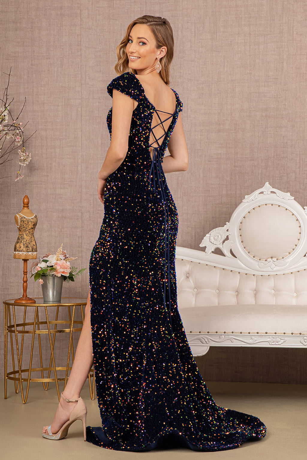 Sequin Off-Shoulder Velvet Mermaid Prom Dress – Lace-Up Back Long Formal Gown