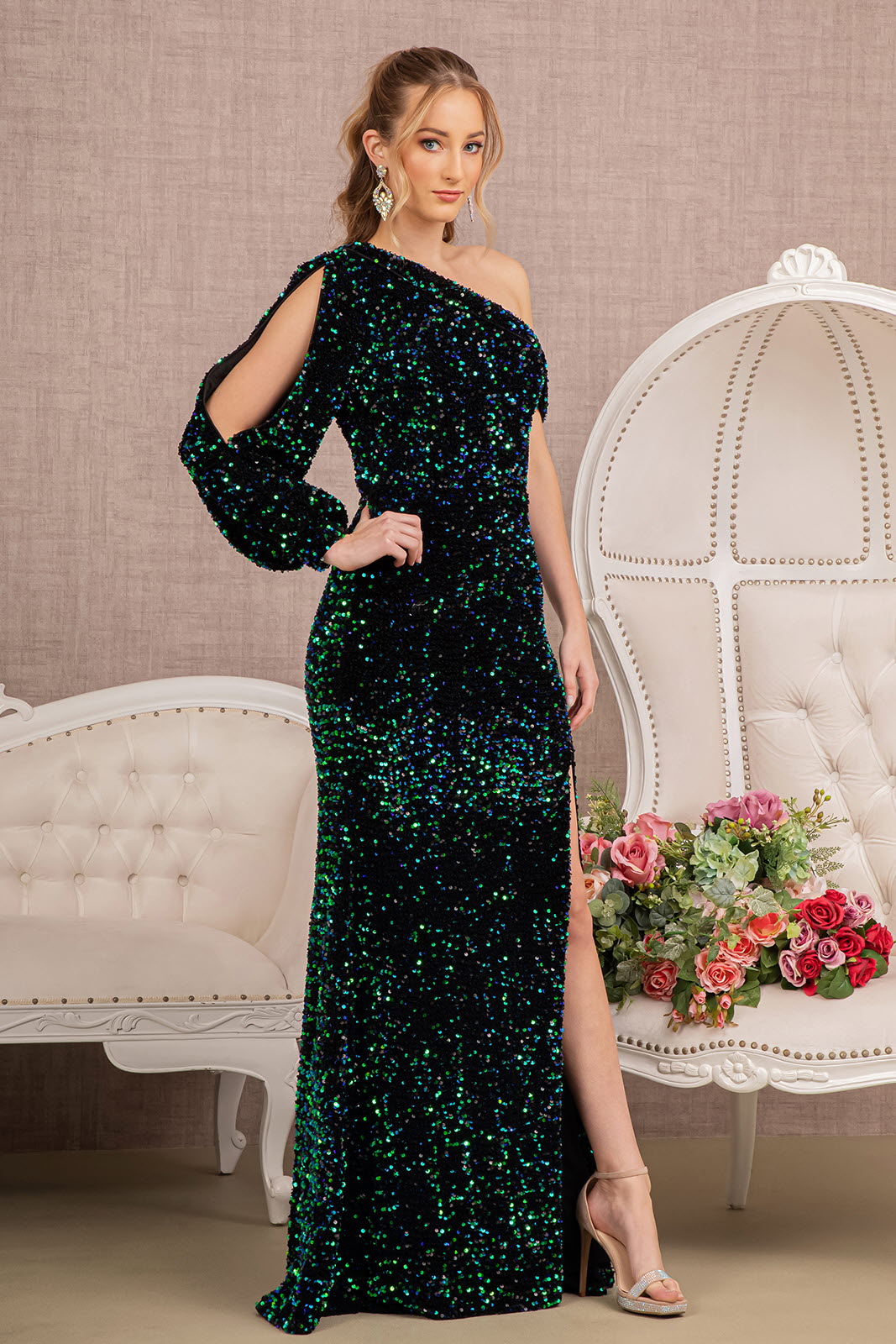 Sequin Asymmetric Velvet Mermaid Gown – One Long Puff Sleeve Festive Party Dress