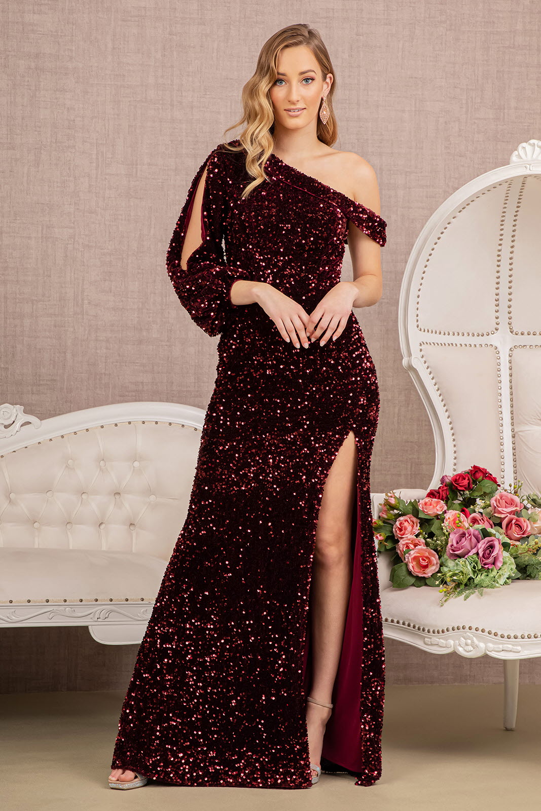 Sequin Asymmetric Velvet Mermaid Gown – One Long Puff Sleeve Festive Party Dress