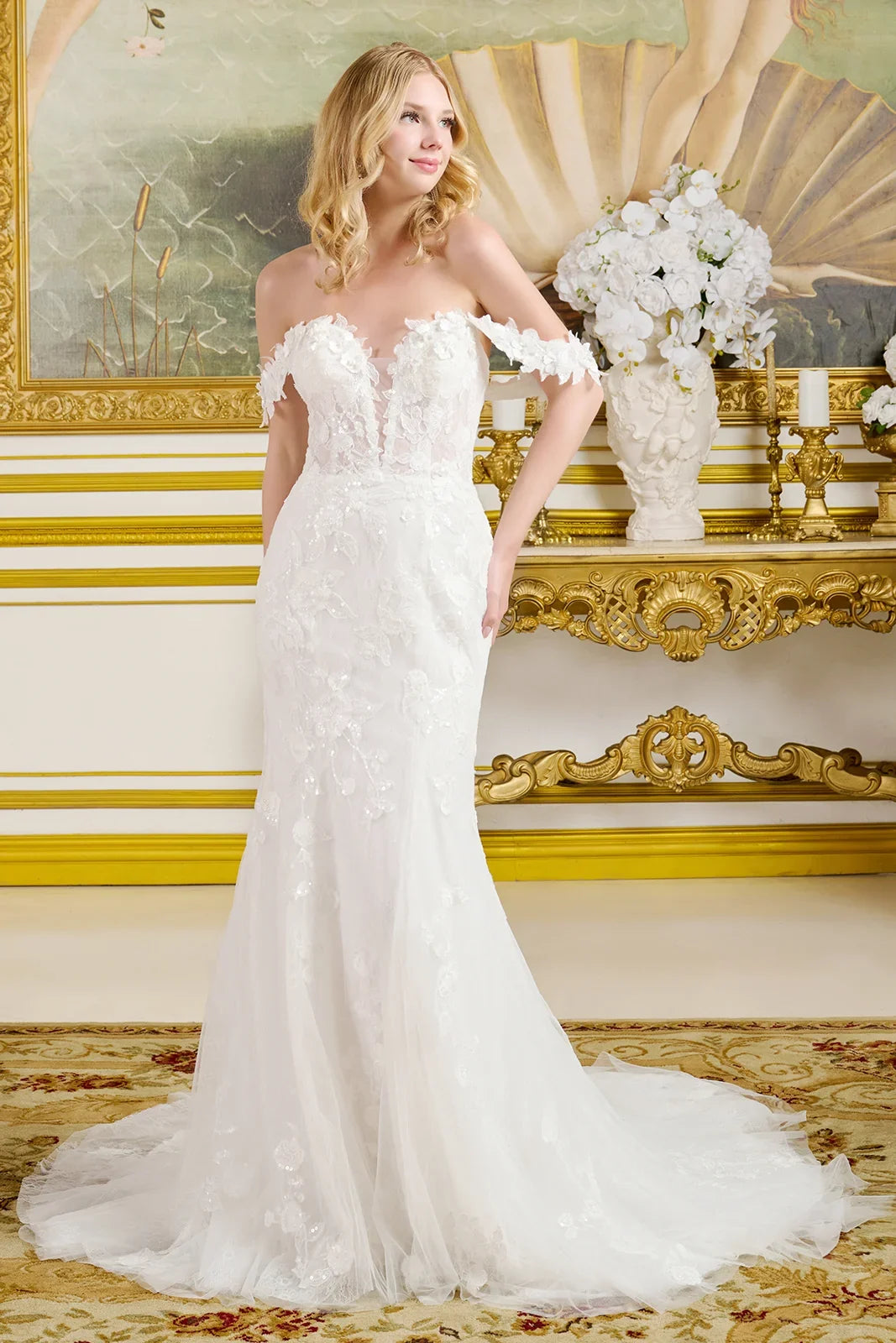 3D Flower Applique Off-Shoulder Wedding Gown – V-Neck Lace Fitted Bridal Dress