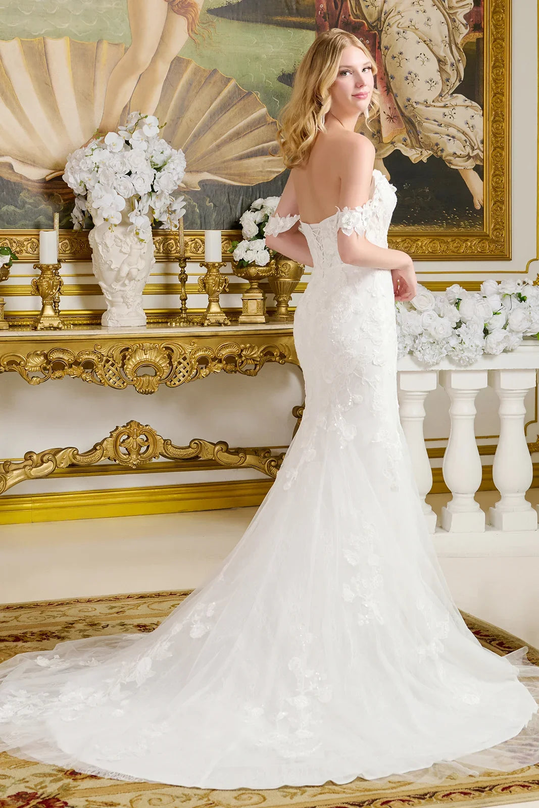 3D Flower Applique Off-Shoulder Wedding Gown – V-Neck Lace Fitted Bridal Dress