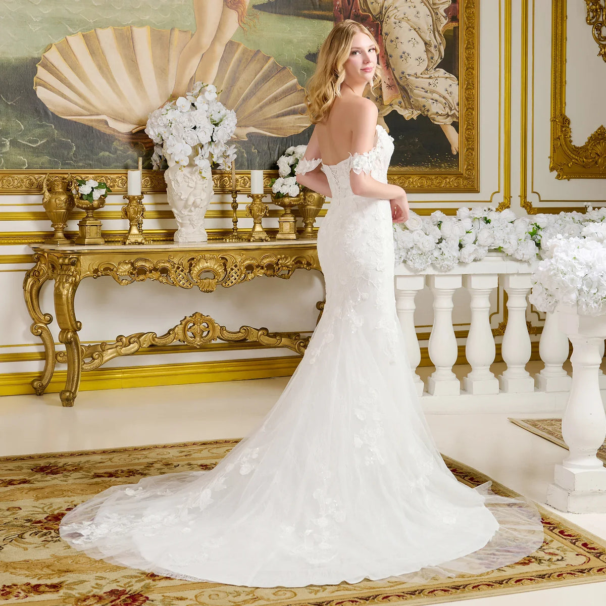 3D Flower Applique Off-Shoulder Wedding Gown – V-Neck Lace Fitted Bridal Dress