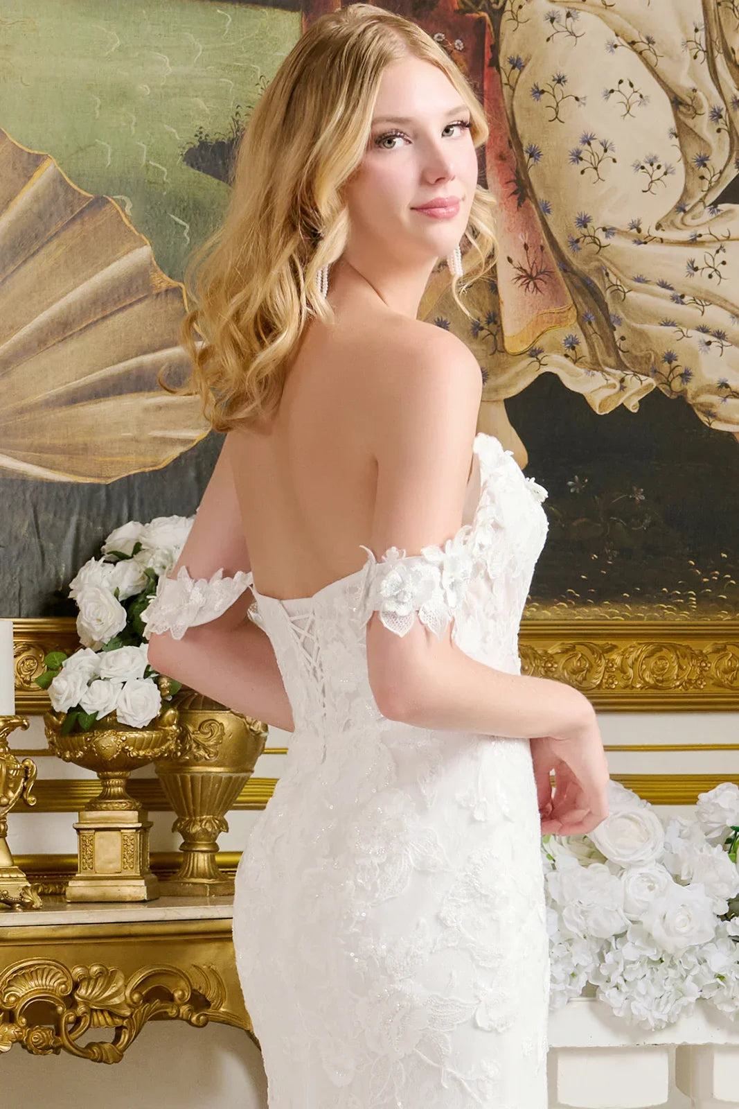 3D Flower Applique Off-Shoulder Wedding Gown – V-Neck Lace Fitted Bridal Dress
