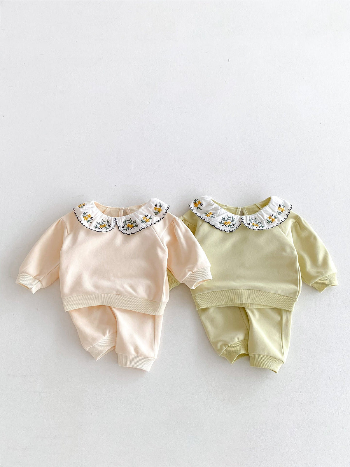 MyKids-USA® Two-Piece Set: Flowers Embroidered Collar Top and Pant