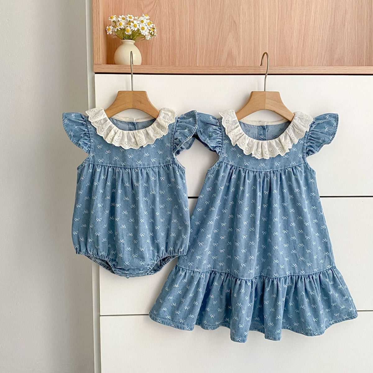 MyKids-USA® Girls Cute Denim Butterfly-bows Pattern Onesies or Dress – Princess Sister Matching