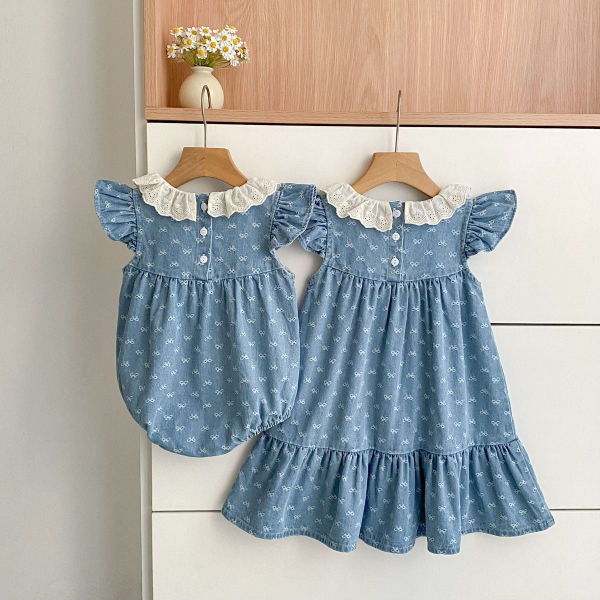 MyKids-USA® Girls Cute Denim Butterfly-bows Pattern Onesies or Dress – Princess Sister Matching