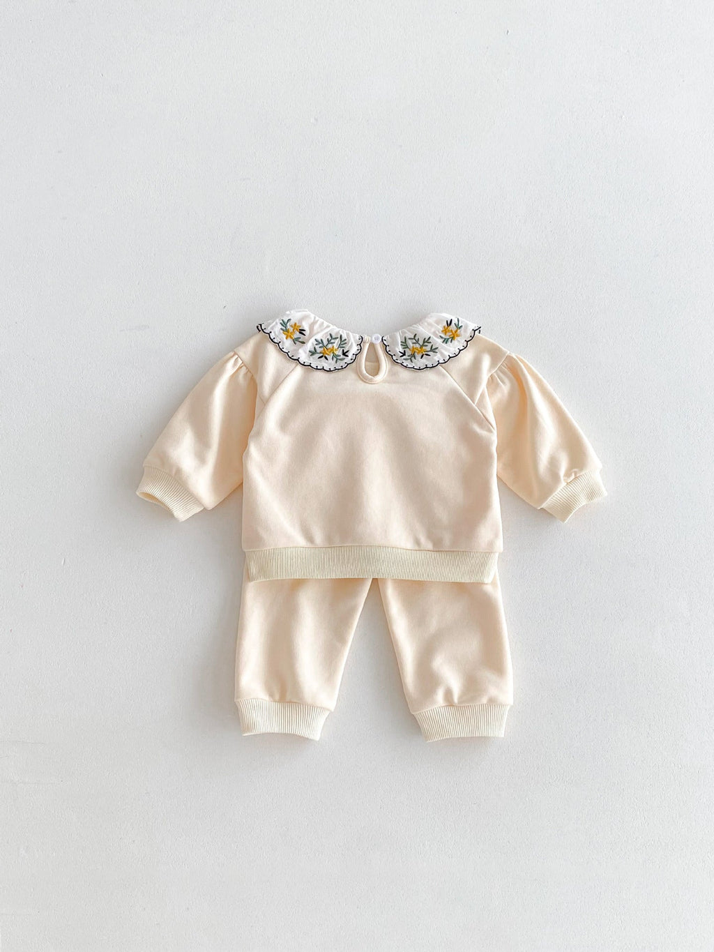 MyKids-USA® Two-Piece Set: Flowers Embroidered Collar Top and Pant