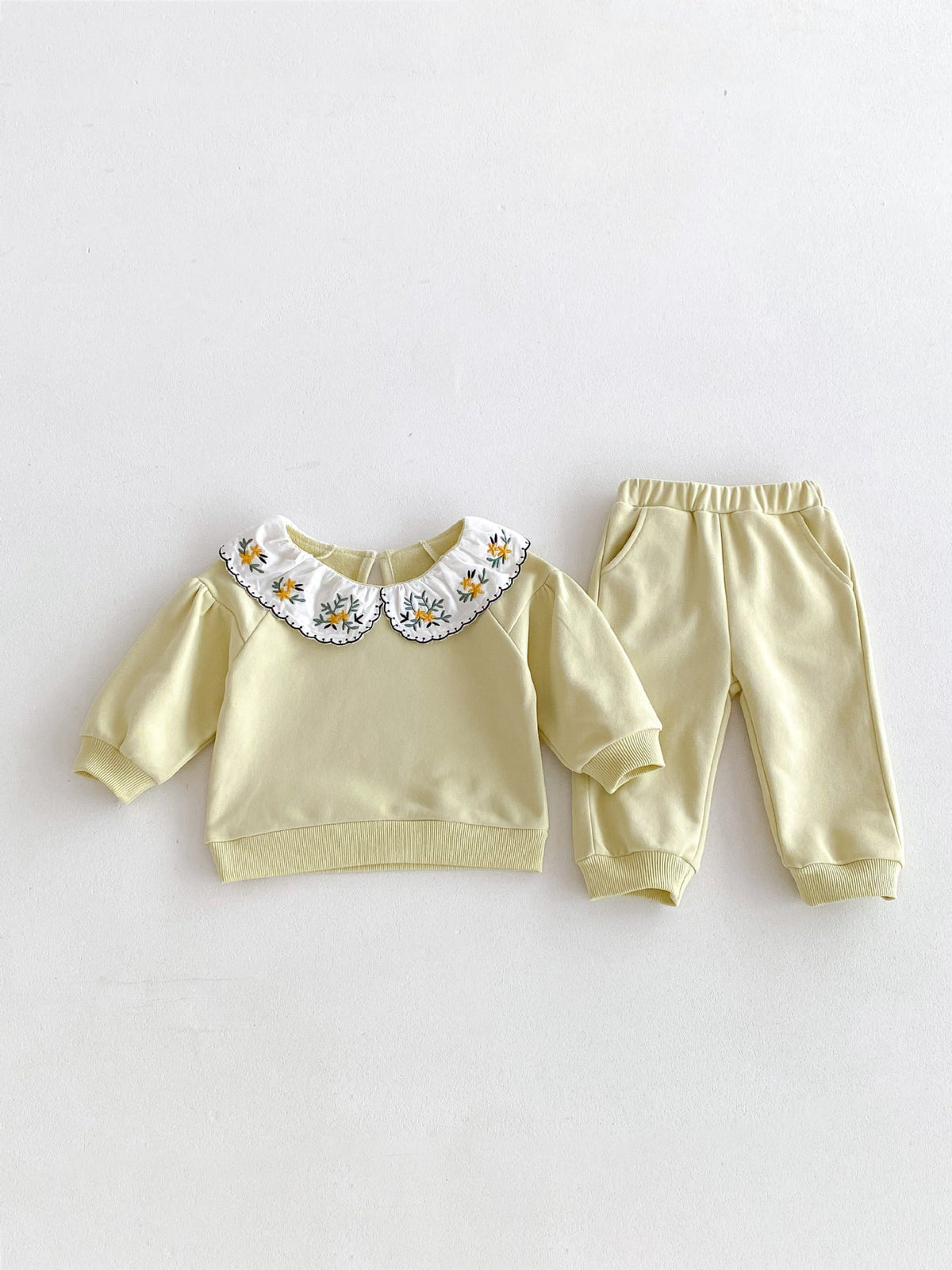 MyKids-USA® Two-Piece Set: Flowers Embroidered Collar Top and Pant