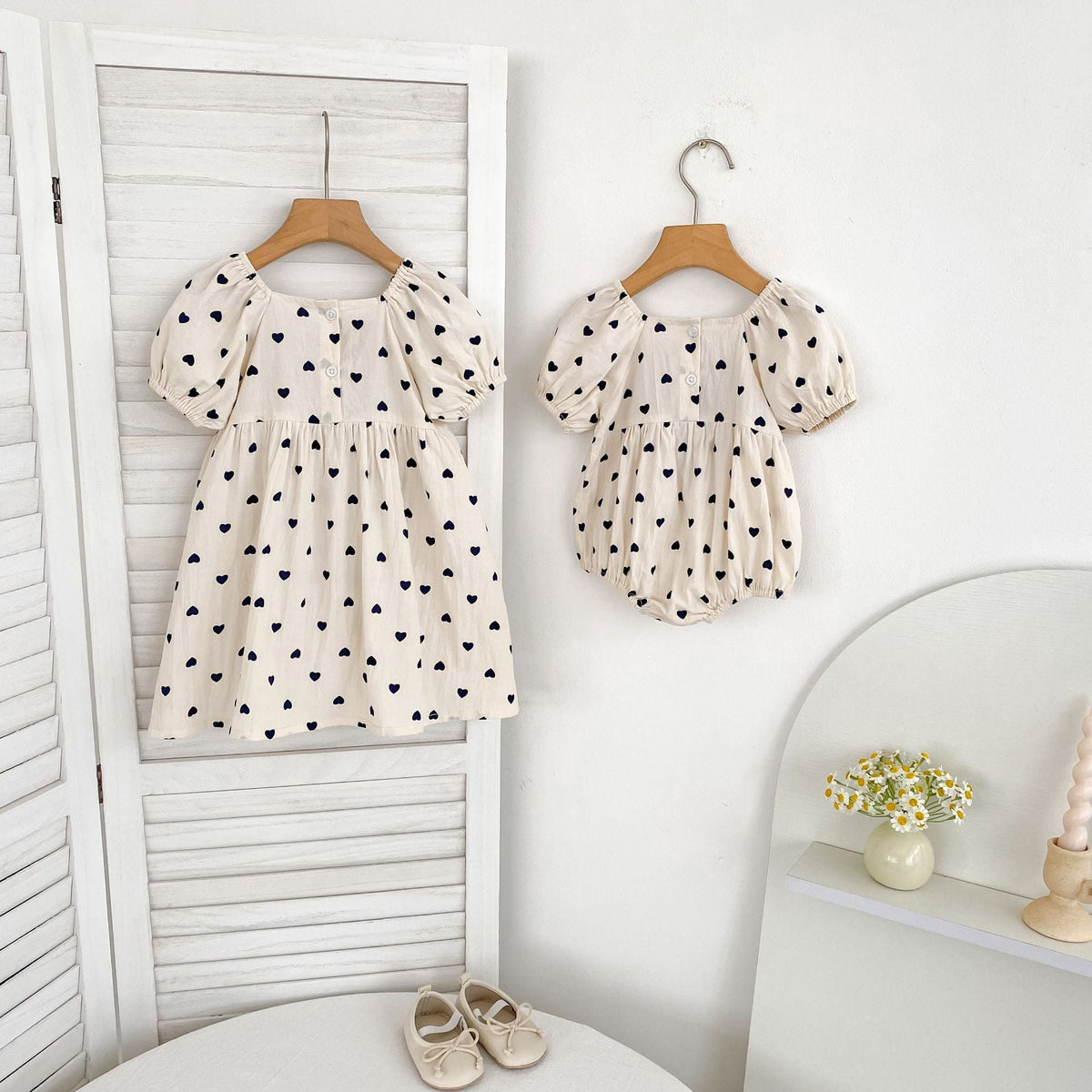 MyKids-USA® Girls Cute Hearts Pattern Square Neck Onesies or Dress – Princess Sister Matching