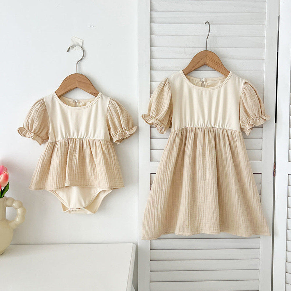 MyKids-USA® Girls Apricot Patchwork Crew Neck Short Sleeves bodysuit or Girls’ Dress – Simple Sister Matching