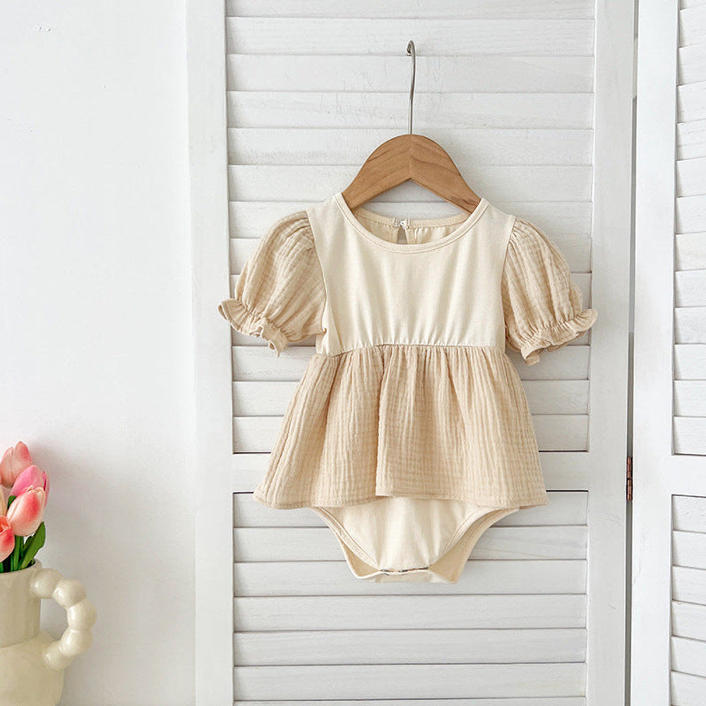 MyKids-USA® Girls Apricot Patchwork Crew Neck Short Sleeves bodysuit or Girls’ Dress – Simple Sister Matching