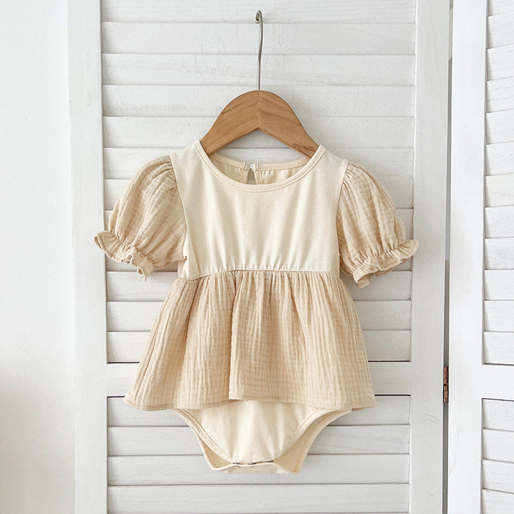 MyKids-USA® Girls Apricot Patchwork Crew Neck Short Sleeves bodysuit or Girls’ Dress – Simple Sister Matching