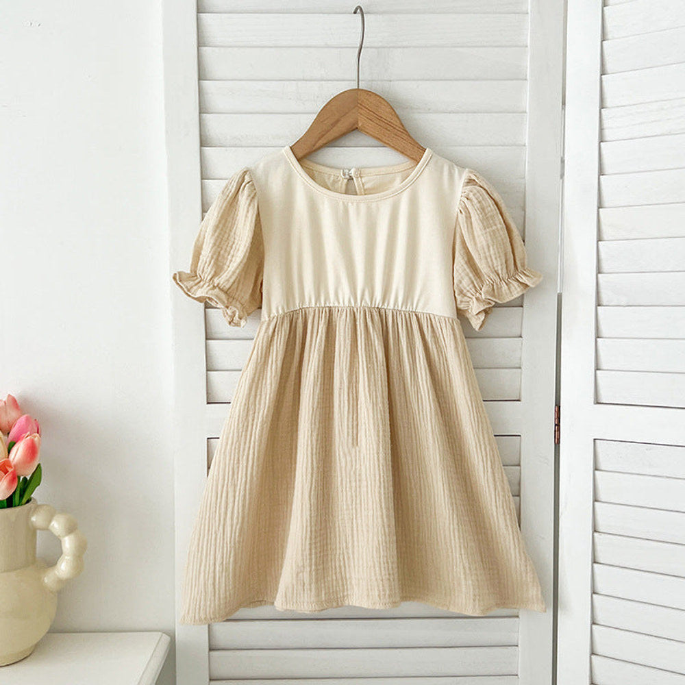 MyKids-USA® Girls Apricot Patchwork Crew Neck Short Sleeves bodysuit or Girls’ Dress – Simple Sister Matching