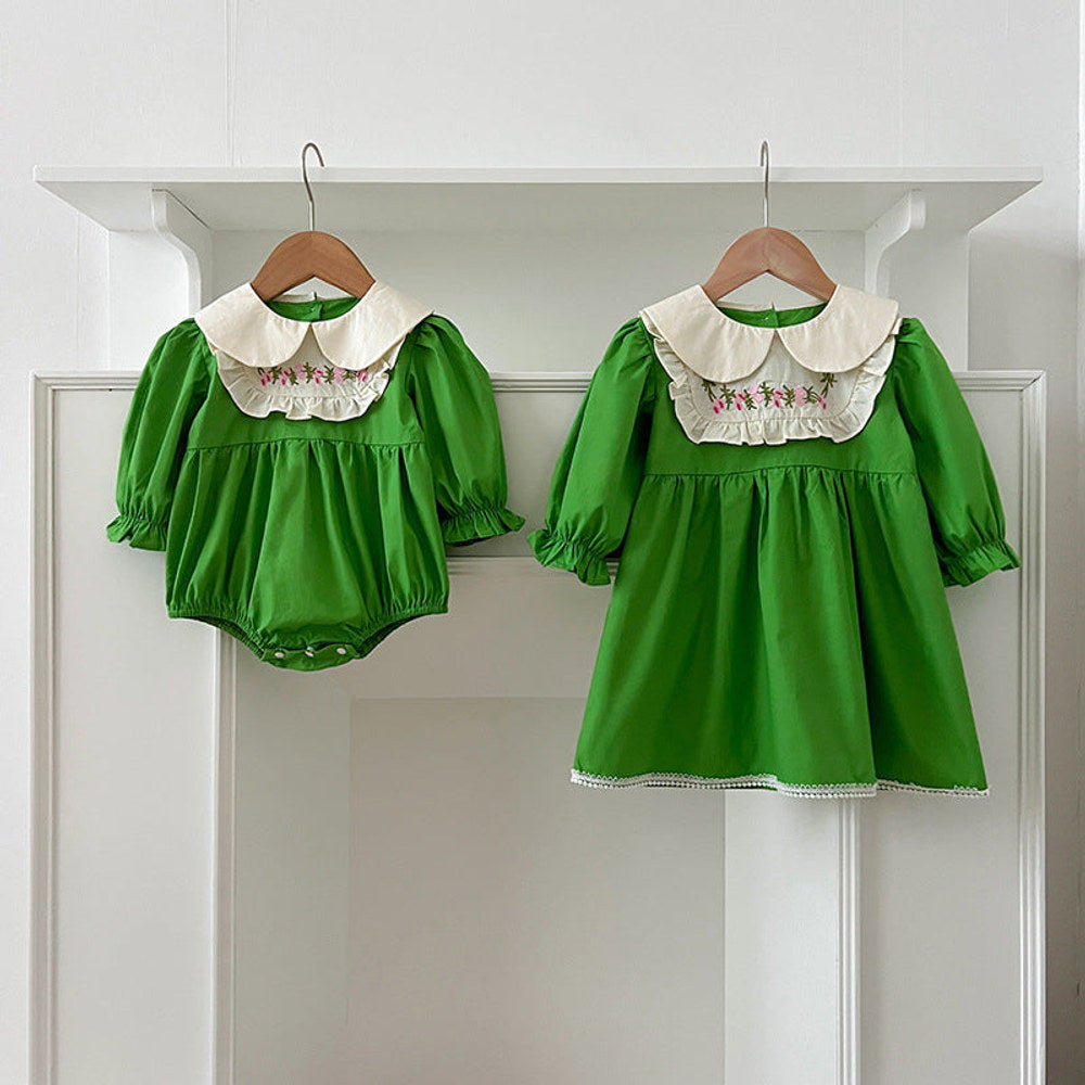 MyKids-USA® Baby Kids Girls Long Sleeves Peter Pan Collar Embroidery Flowers Pattern bodysuit or Dress – Princess Sister Matching