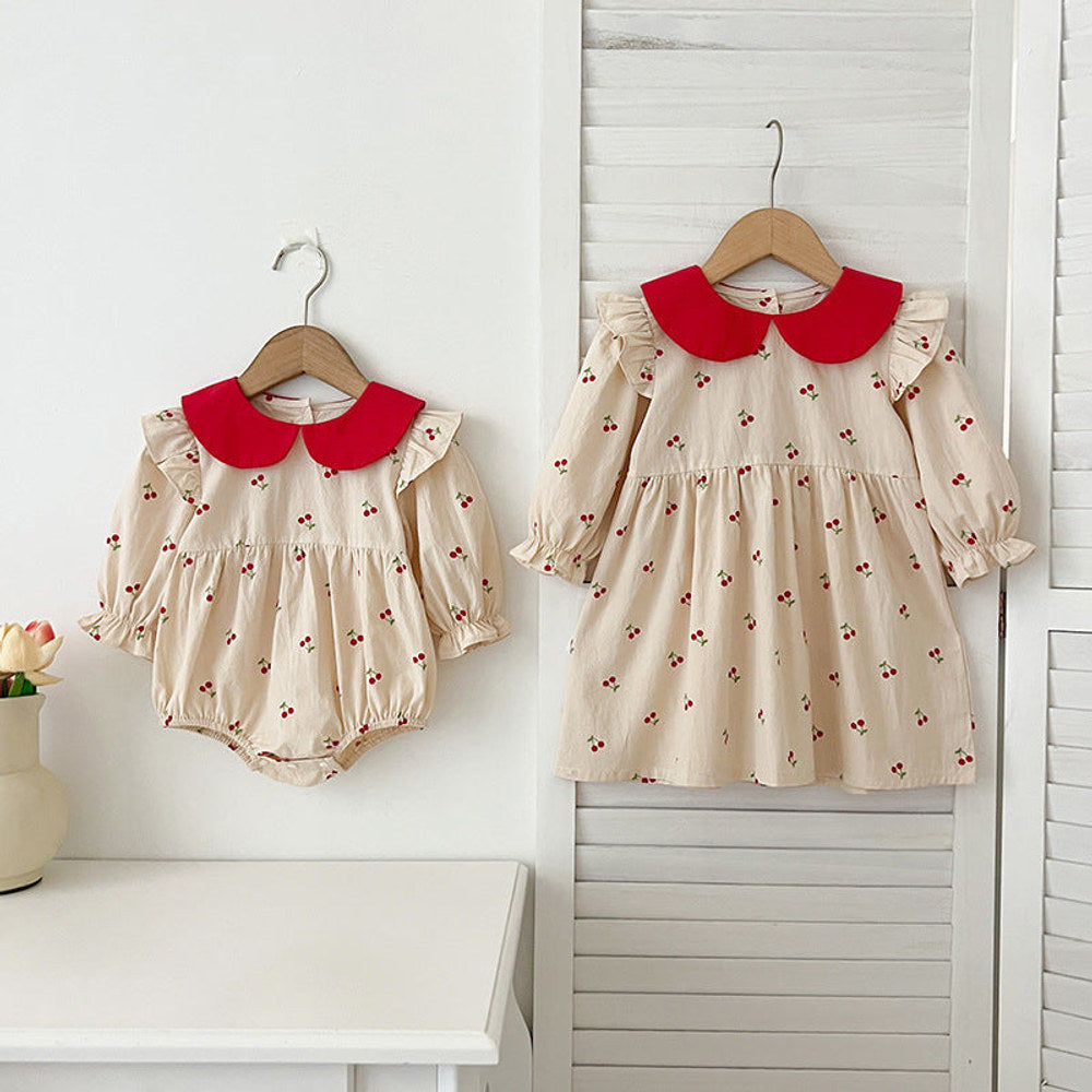 MyKids-USA® Baby Kids Girls Long Sleeves Cherry Pattern Peter Pan Collar bodysuit or Dress – Princess Sister Matching