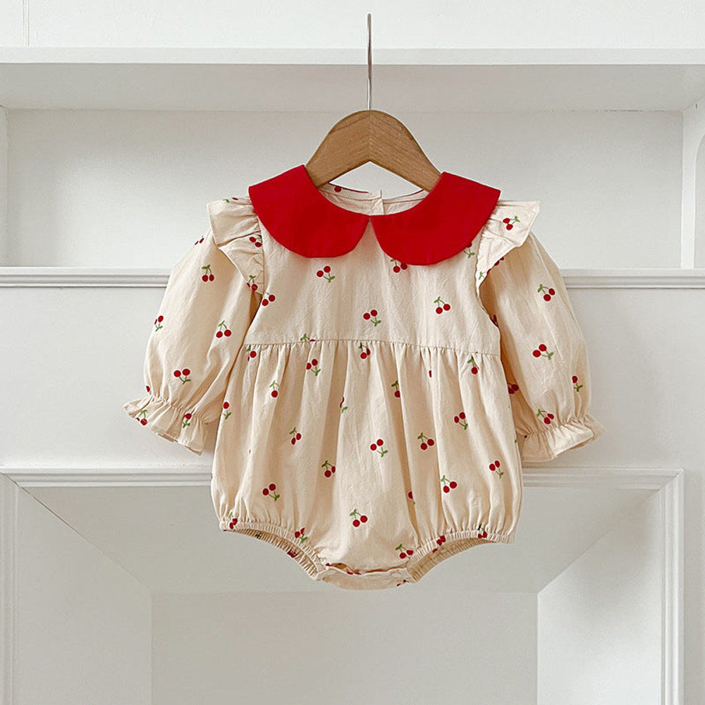 MyKids-USA® Baby Kids Girls Long Sleeves Cherry Pattern Peter Pan Collar bodysuit or Dress – Princess Sister Matching