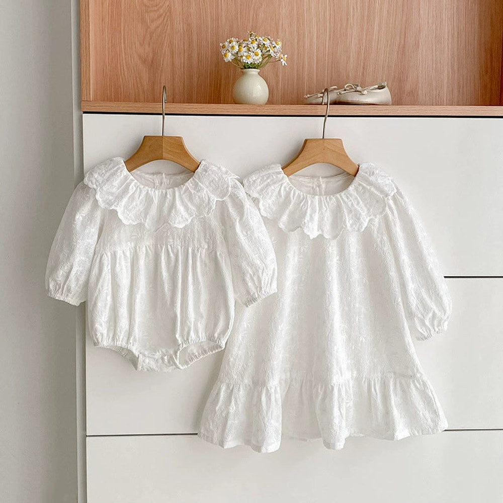 MyKids-USA® Baby Girls French Style Solid Color Flowers Embroidered Pattern Long-sleeved bodysuit or Dress – Princess Sister Matching