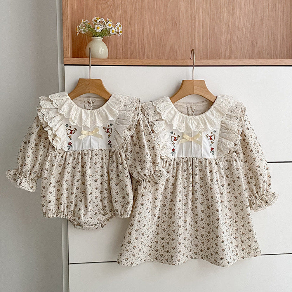 MyKids-USA® Flowers Pattern Baby Kids Girls Onesies or Dress – Princess Sister Matching
