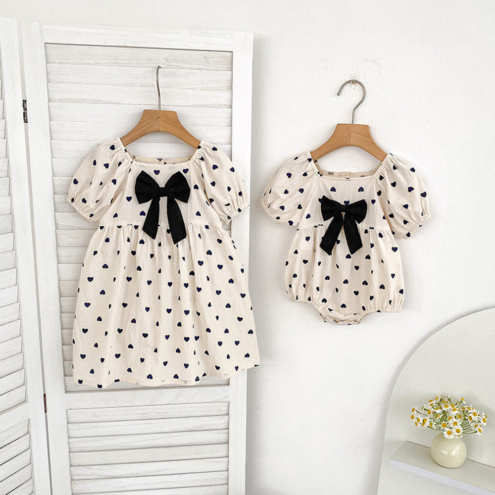 MyKids-USA® Girls Cute Hearts Pattern Square Neck Onesies or Dress – Princess Sister Matching
